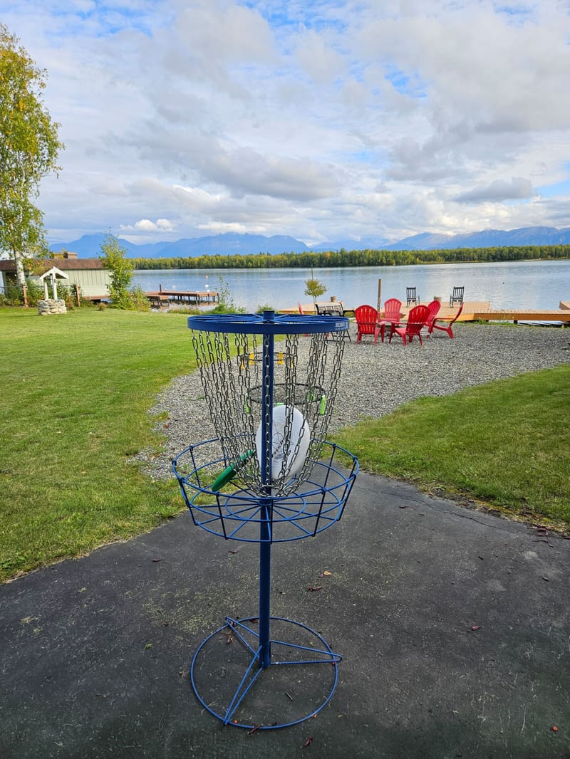 Disc golf basket on the lawn by the lake